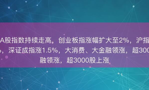 A股指数持续走高，创业板指涨幅扩大至2%，沪指涨1.21%，深证成指涨1.5%，大消费、大金融领涨，<a href=